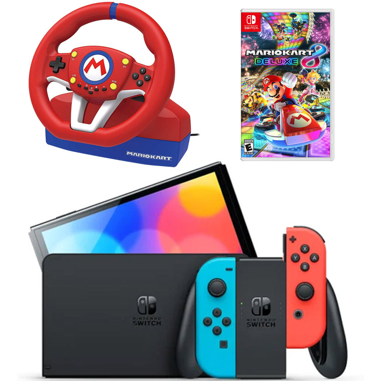 خرید نینتندو سوییچ اولد – جوی کان قرمز/آبی + Mario Kart 8 Deluxe + فرمان بازی Hori Pro Mini