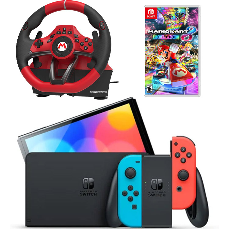 خرید نینتندو سوییچ اولد – جوی کان قرمز/آبی + Mario Kart 8 Deluxe + فرمان بازی Hori Pro Deluxe